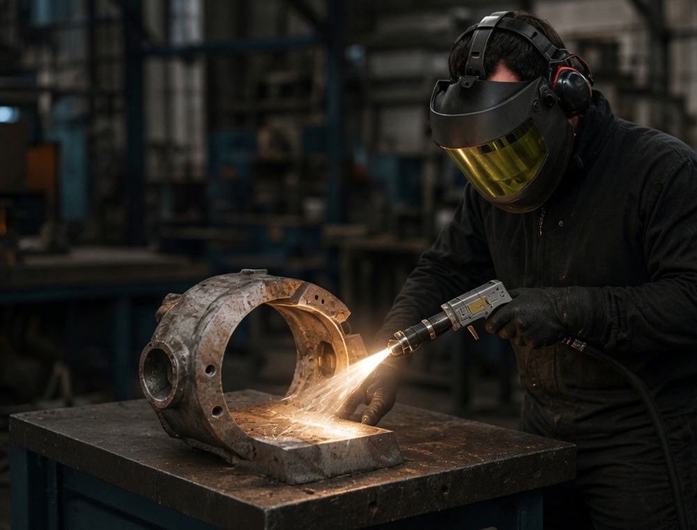 Technician laser cleaning metal